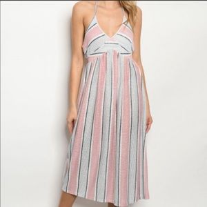 B2G1♦️🆕Neck Tie Sleeveless Pink Striped Dress